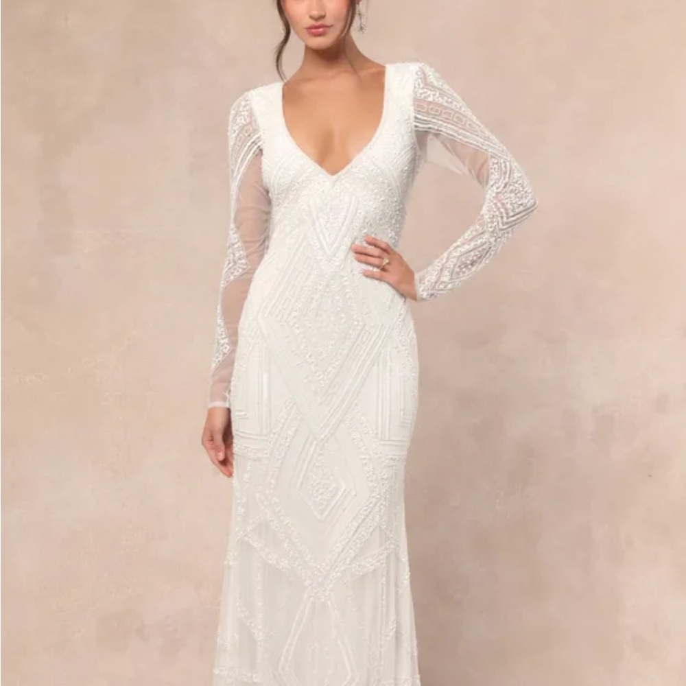 Lulu's White V-Neck Bishop Sleeve Bridal Gown